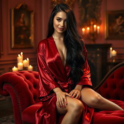 A stunning and alluring woman with long, flowing black hair, wearing a luxurious deep red silk robe that lightly drapes over her curves