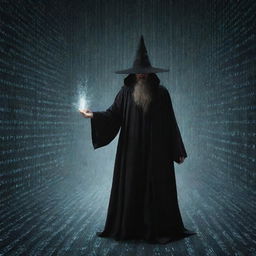 A wizard conjuring a seamless stream of binary code, representing the magic of programming in a mystical fantasy setting.