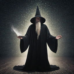 A wizard conjuring a seamless stream of binary code, representing the magic of programming in a mystical fantasy setting.