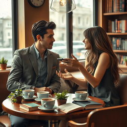 A romantic scene between an inspector and a teacher in a cozy coffee shop