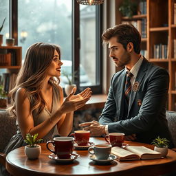 A romantic scene between an inspector and a teacher in a cozy coffee shop