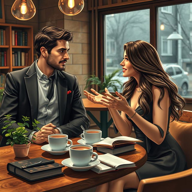 A romantic scene between an inspector and a teacher in a cozy coffee shop