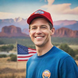 A vibrant image representing an average American, standing with a smiling face, subtly incorporating iconic American symbols or landscapes in the background.