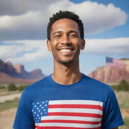 A vibrant image representing an average American, standing with a smiling face, subtly incorporating iconic American symbols or landscapes in the background.