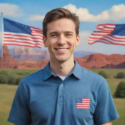 A vibrant image representing an average American, standing with a smiling face, subtly incorporating iconic American symbols or landscapes in the background.