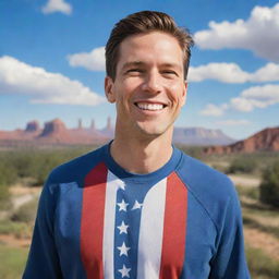 A vibrant image representing an average American, standing with a smiling face, subtly incorporating iconic American symbols or landscapes in the background.