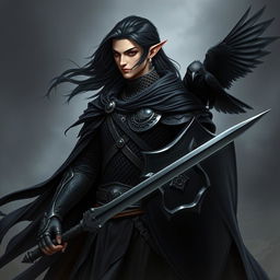 A striking male Shadar-kai warrior with beautiful long black hair flowing gracefully