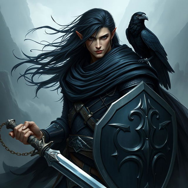 A striking male Shadar-kai warrior with beautiful long black hair flowing gracefully