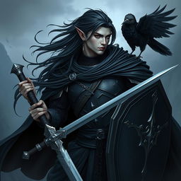 A striking male Shadar-kai warrior with beautiful long black hair flowing gracefully