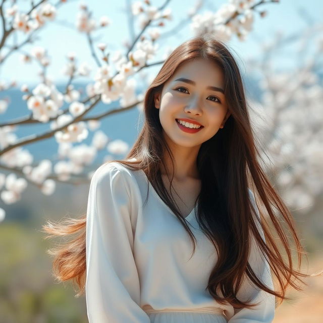 A beautiful Korean girl with long flowing hair standing confidently, with a scenic natural background featuring cherry blossoms in full bloom and a serene blue sky