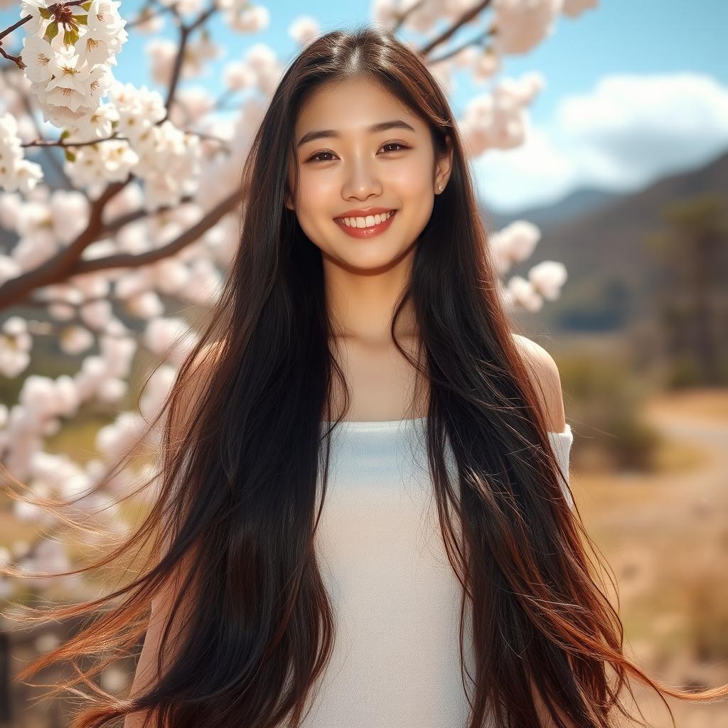 A beautiful Korean girl with long flowing hair standing confidently, with a scenic natural background featuring cherry blossoms in full bloom and a serene blue sky