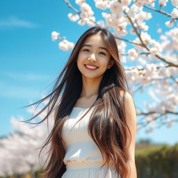A beautiful Korean girl with long flowing hair standing confidently, with a scenic natural background featuring cherry blossoms in full bloom and a serene blue sky