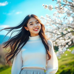 A beautiful Korean girl with long flowing hair standing confidently, with a scenic natural background featuring cherry blossoms in full bloom and a serene blue sky
