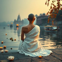 A serene scene of a woman in a flowing white sari, seated gracefully with her back facing the camera on the banks of the Ganges river