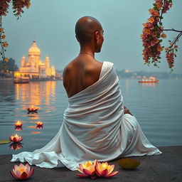 A serene scene of a woman in a flowing white sari, seated gracefully with her back facing the camera on the banks of the Ganges river