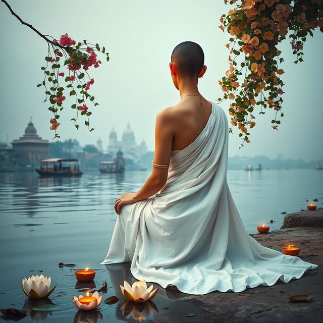 A serene scene of a woman in a flowing white sari, seated gracefully with her back facing the camera on the banks of the Ganges river