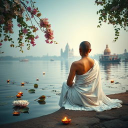 A serene scene of a woman in a flowing white sari, seated gracefully with her back facing the camera on the banks of the Ganges river
