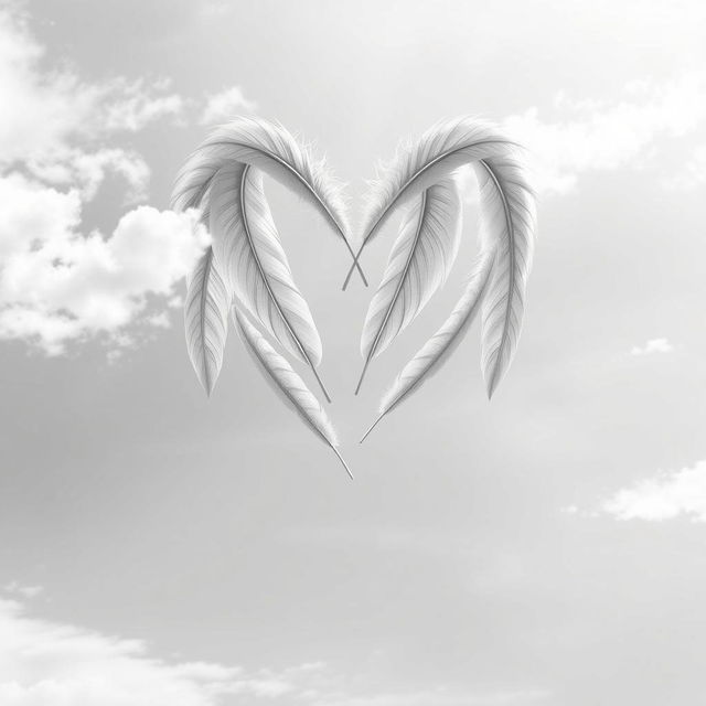 A heart shape formed by delicate, white feathers, elegantly arranged to create a soft and airy feel