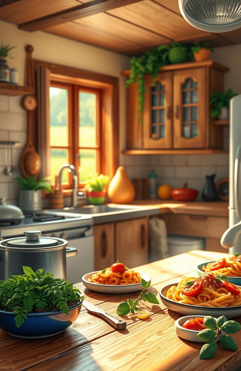 A cozy kitchen scene filled with the aroma of cooking, inspired by a Mario-themed world