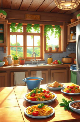 A cozy kitchen scene filled with the aroma of cooking, inspired by a Mario-themed world