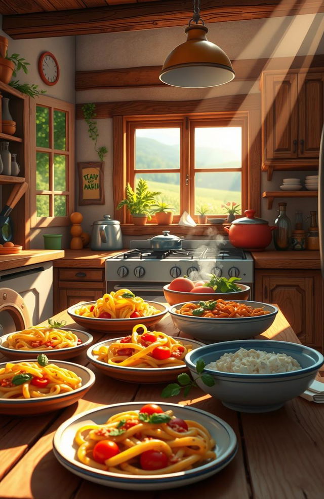 A cozy kitchen scene filled with the aroma of cooking, inspired by a Mario-themed world