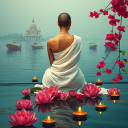 A serene scene depicting a woman in a white flowing sari sitting with her back towards the viewer on the banks of the Ganges river
