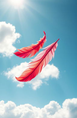 A beautiful artistic portrayal of love represented by colorful feathers gently floating in the air against a serene sky background