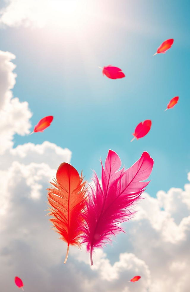 A beautiful artistic portrayal of love represented by colorful feathers gently floating in the air against a serene sky background