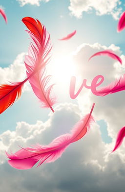 A beautiful artistic portrayal of love represented by colorful feathers gently floating in the air against a serene sky background