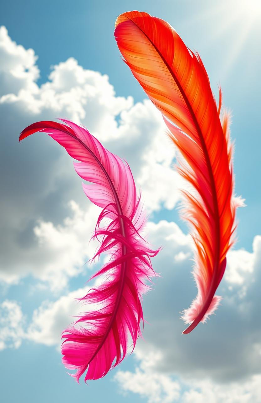 A beautiful artistic portrayal of love represented by colorful feathers gently floating in the air against a serene sky background