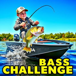 A dynamic 3D scene depicting a fisherman catching a small bass from a sleek, modern fishing boat