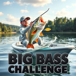 A dynamic 3D scene capturing a fisherman catching a small bass from a sleek, modern fishing boat