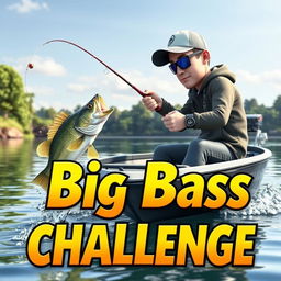 A dynamic 3D scene capturing a fisherman catching a small bass from a sleek, modern fishing boat