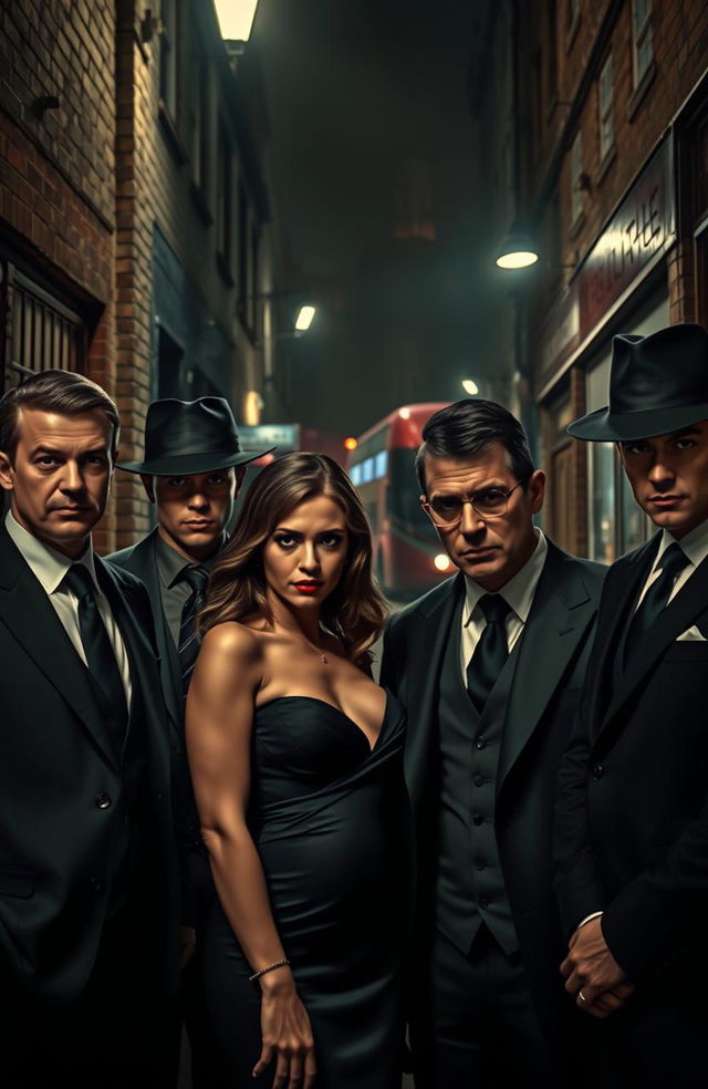 A dark and edgy portrayal of the London Mafia, featuring a group of mysterious, sharply dressed individuals in tailored suits, standing together in an atmospheric alleyway of London