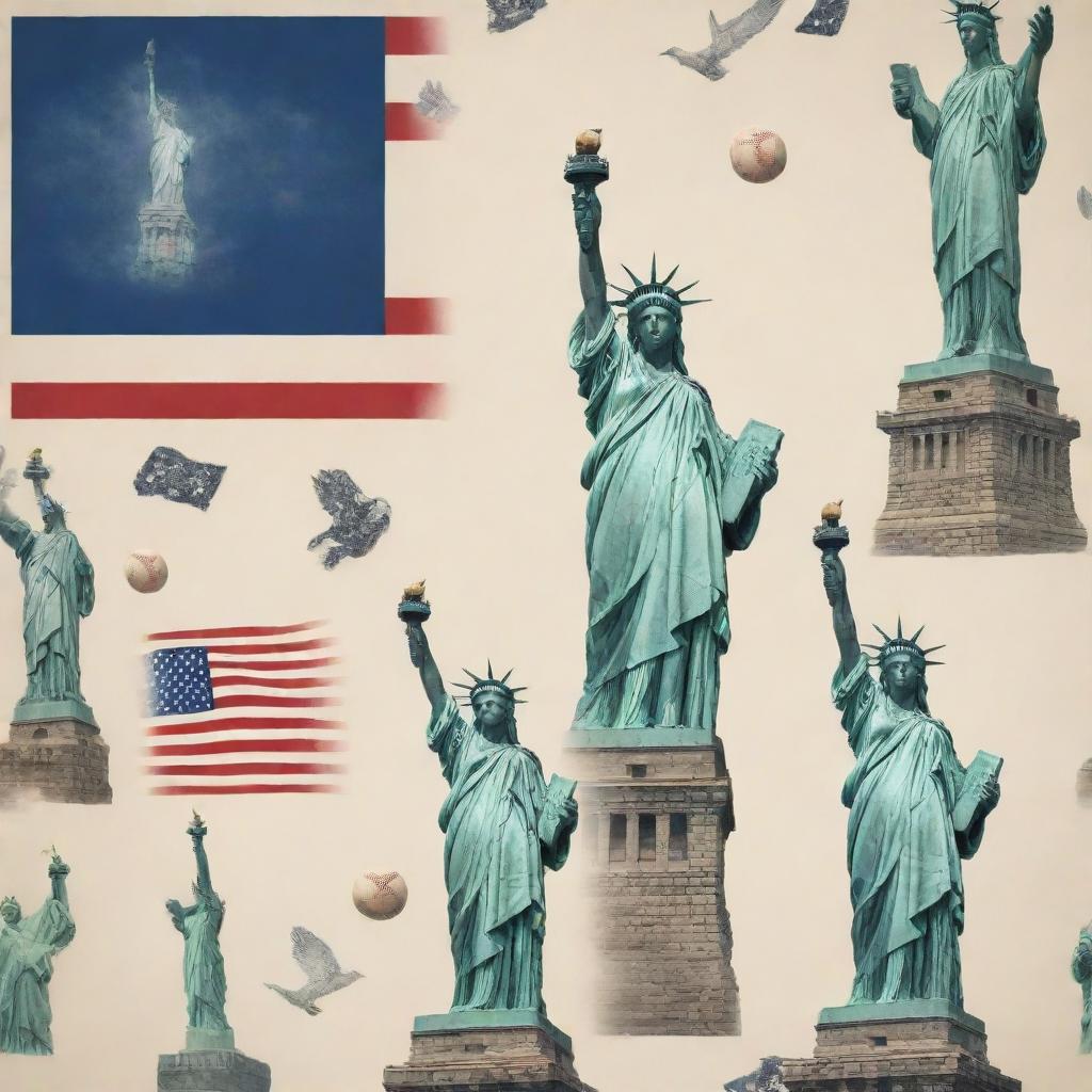 Create a dynamic image symbolizing American culture, including elements such as a U.S. flag, a bald eagle, Statue of Liberty, a classic American diner, or a baseball game.