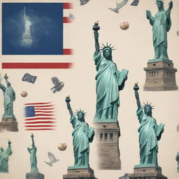 Create a dynamic image symbolizing American culture, including elements such as a U.S. flag, a bald eagle, Statue of Liberty, a classic American diner, or a baseball game.