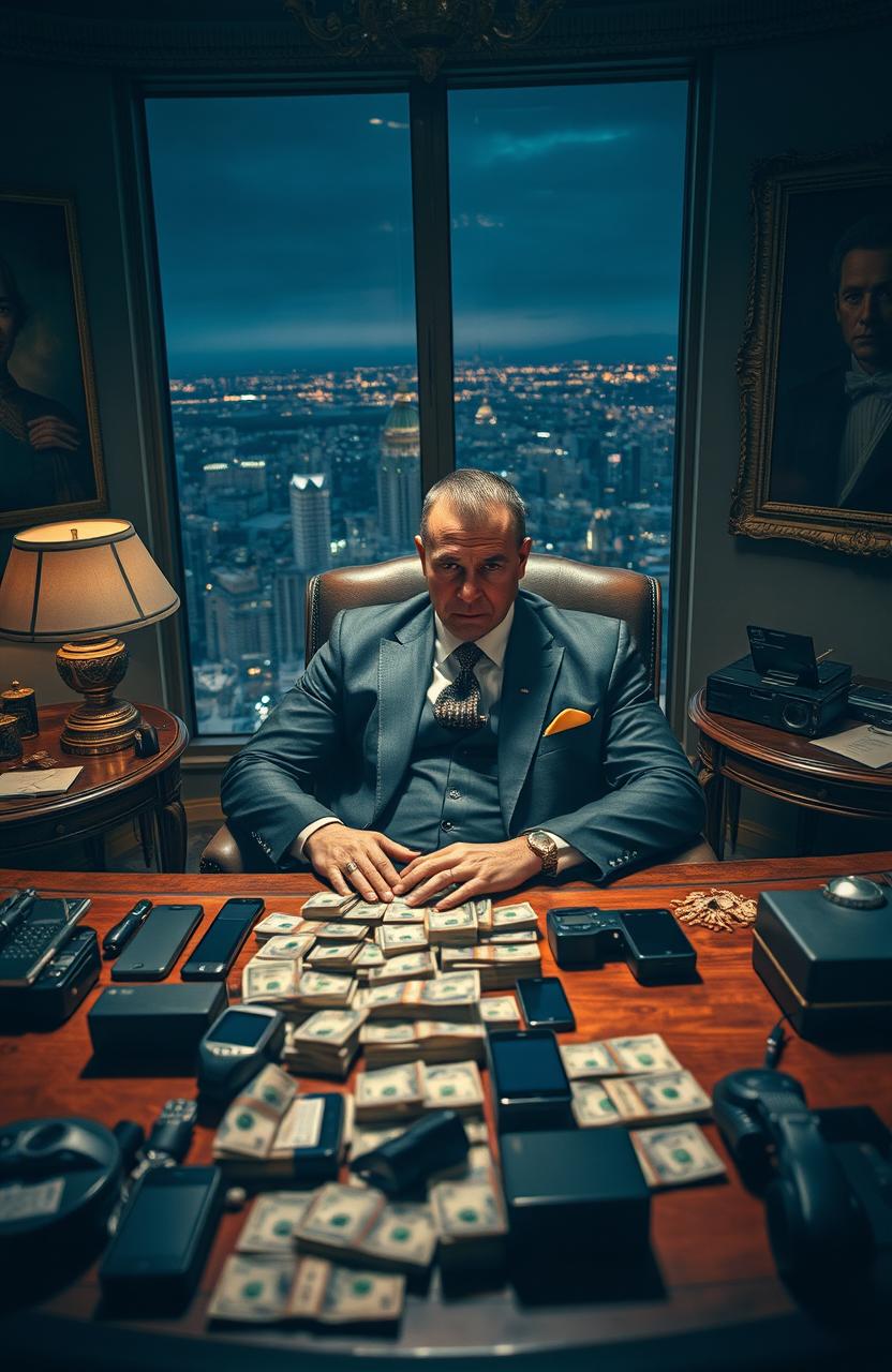 A powerful and charismatic drug lord seated in an opulent office, surrounded by luxury items and artwork