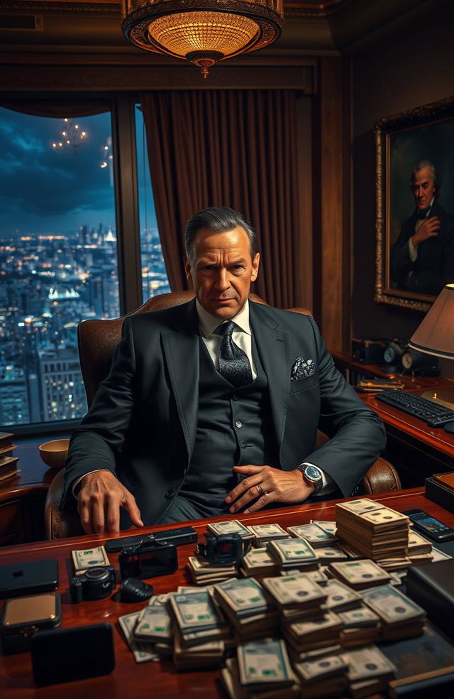 A powerful and charismatic drug lord seated in an opulent office, surrounded by luxury items and artwork