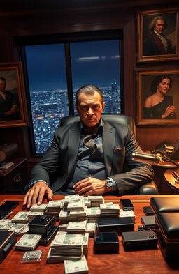 A powerful and charismatic drug lord seated in an opulent office, surrounded by luxury items and artwork
