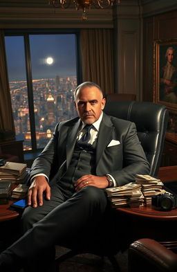 A powerful and charismatic drug lord seated in an opulent office, surrounded by luxury items and artwork