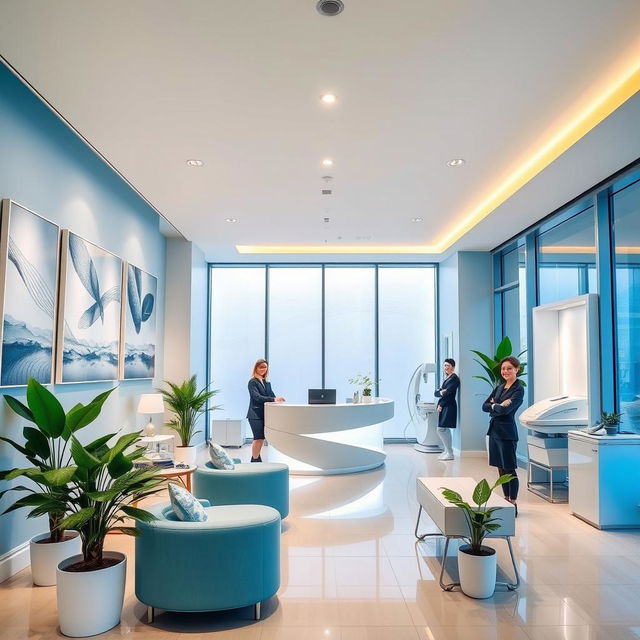 A modern and inviting aesthetic clinic interior, featuring sleek design elements