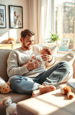 A serene and tranquil scene depicting a reborn father enjoying quality time with his newborn baby in a cozy living room