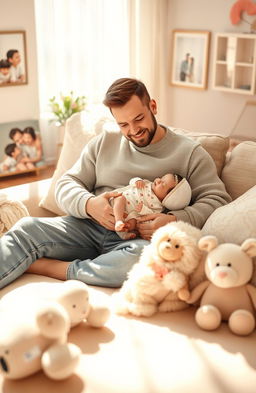 A serene and tranquil scene depicting a reborn father enjoying quality time with his newborn baby in a cozy living room