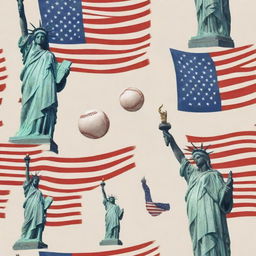 Create a dynamic image symbolizing American culture, including elements such as a U.S. flag, a bald eagle, Statue of Liberty, a classic American diner, or a baseball game.