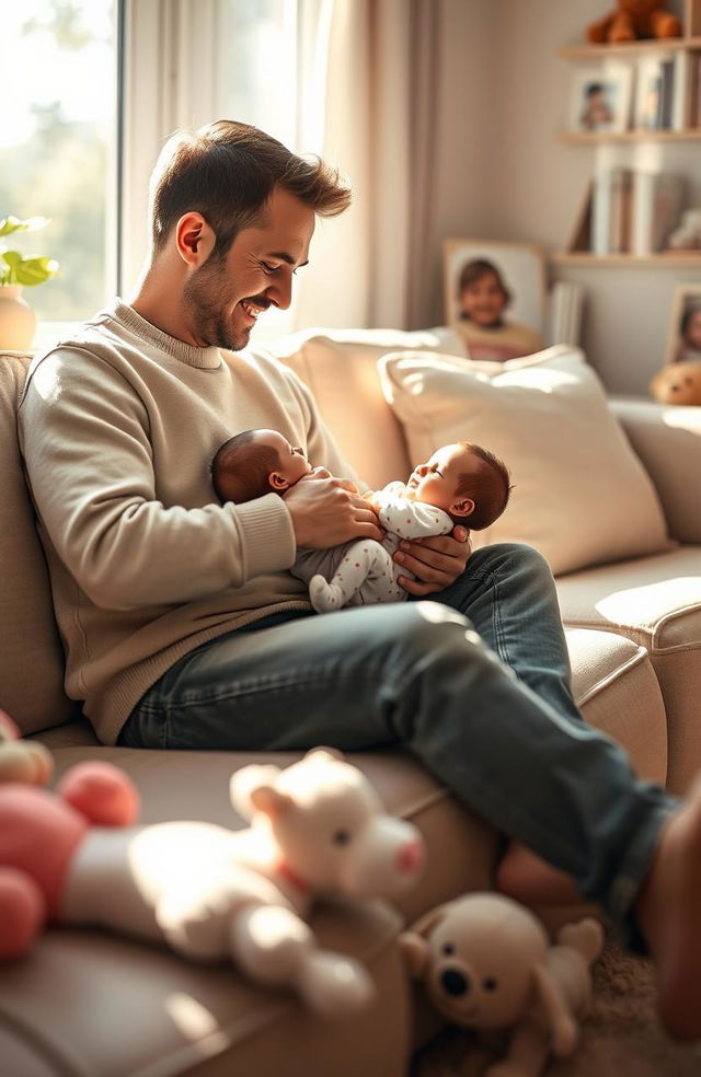 A serene and tranquil scene depicting a reborn father enjoying quality time with his newborn baby in a cozy living room