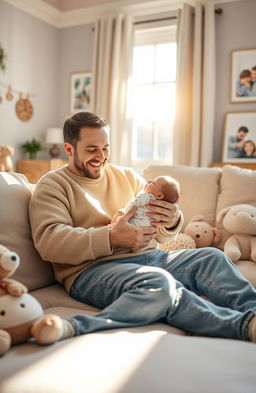 A serene and tranquil scene depicting a reborn father enjoying quality time with his newborn baby in a cozy living room