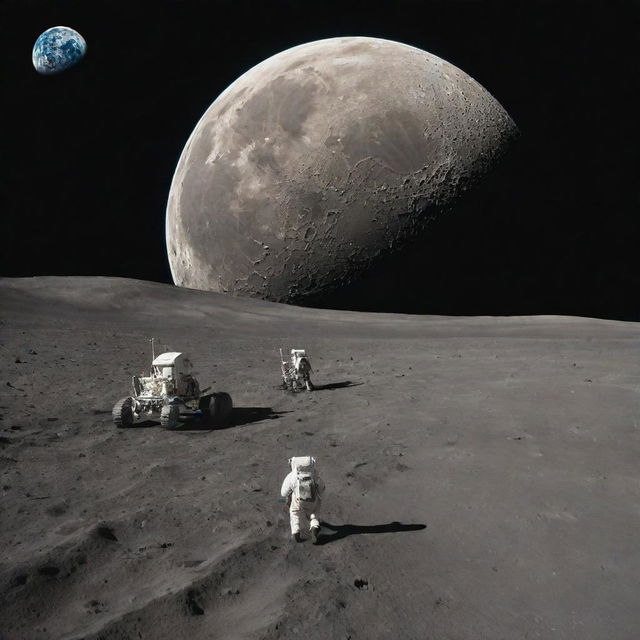 Generate a fantastical image of a journey to the moon featuring a spaceship, Earth in the distance, and astronauts exploring the moon's surface.