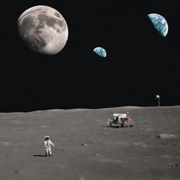 Generate a fantastical image of a journey to the moon featuring a spaceship, Earth in the distance, and astronauts exploring the moon's surface.