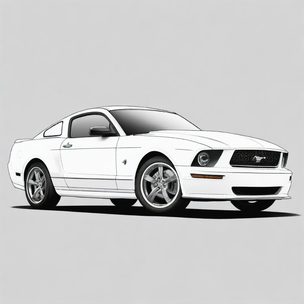 A stylish, two-dimensional black and white outline of a Ford Mustang for a colouring page.