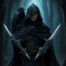 A Kenku Soulknife Rogue character from Dungeons & Dragons, prominently featuring a black cape with a hood